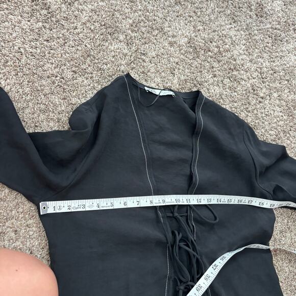 Zara Black Tie-Front Blouse Top Contrast White Stitching Bell Sleeve Y2K Small - Picture 8 of 12